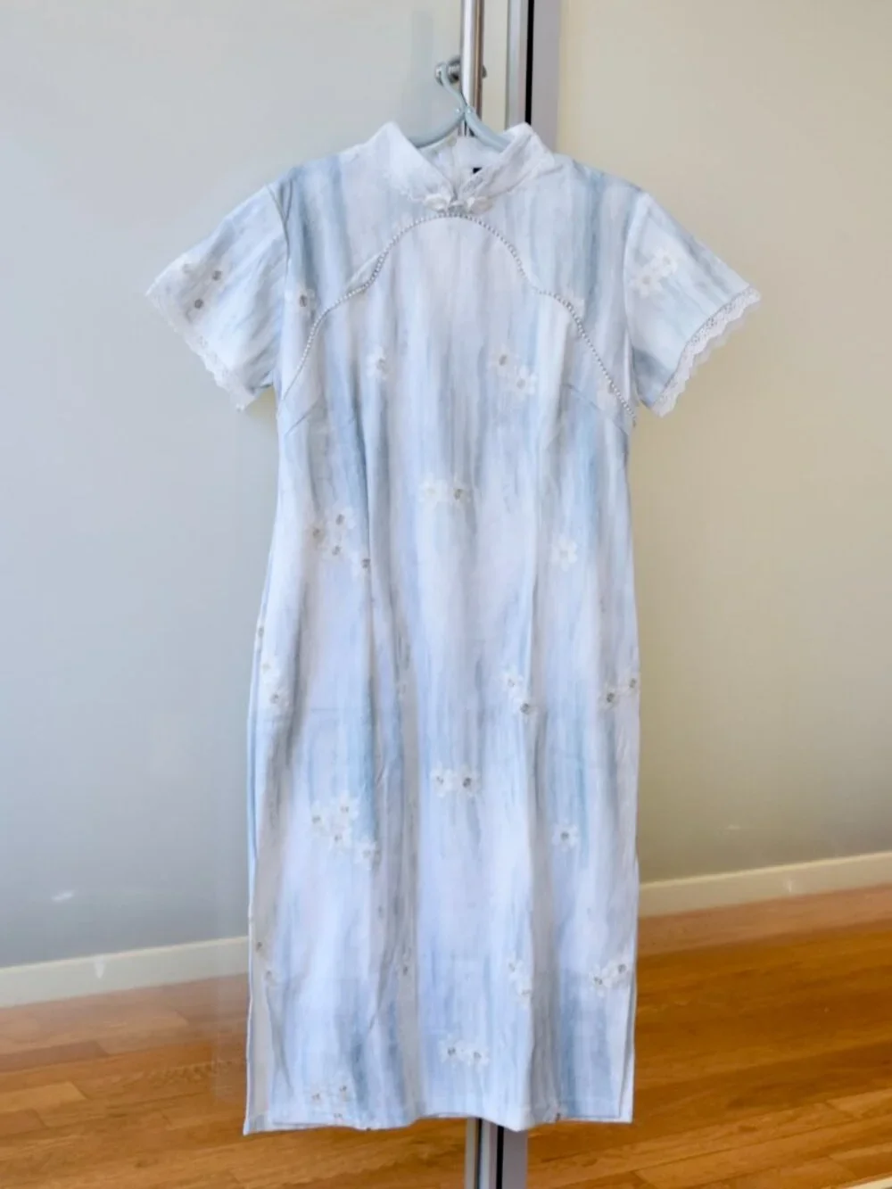 Blue White Flora Lace Trim Qipao Dress - Chinese Traditional Cheongsam